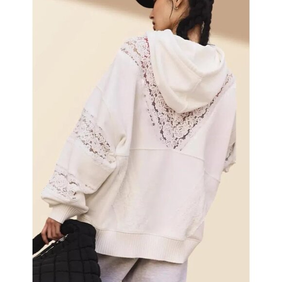 Women's Cotton Lace Eyelet Hoodie Ruffle Long Sleeve Kangaroo Pocket - Picture 3 of 4